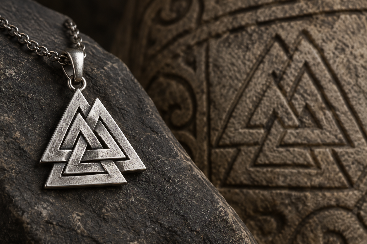 Modern silver three-triangle pendant beside a historical stone texture