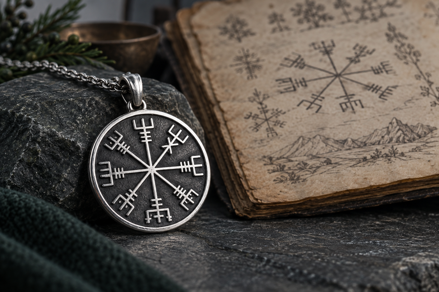 Modern silver Vegvisir pendant beside an aged Icelandic manuscript page
