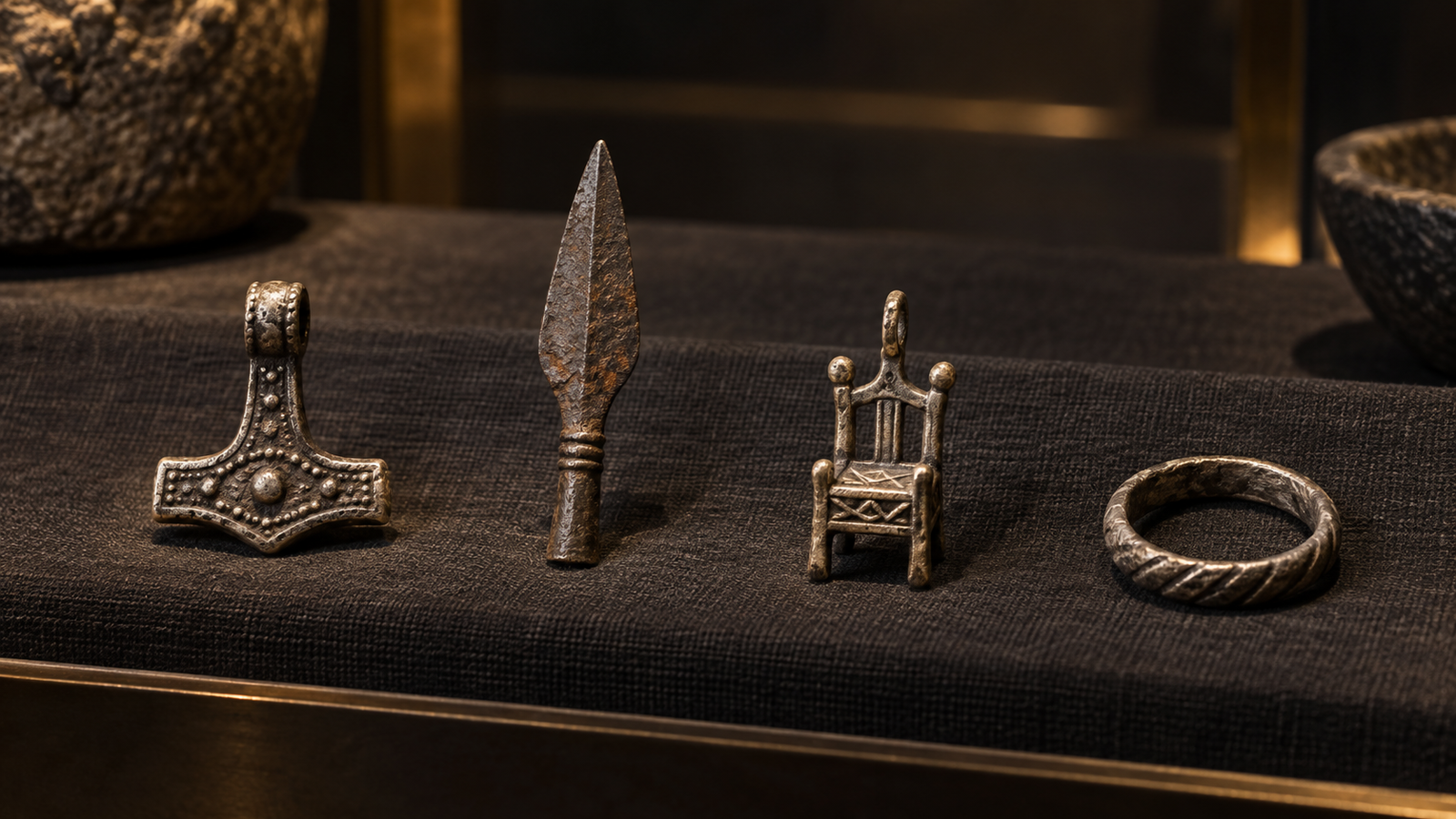 Museum display of hammer spear chair and ring amulet forms