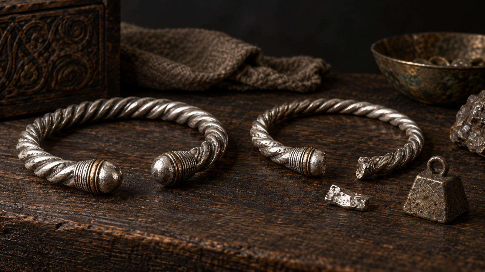Two silver Viking-style arm rings with clipped silver and a balance weight