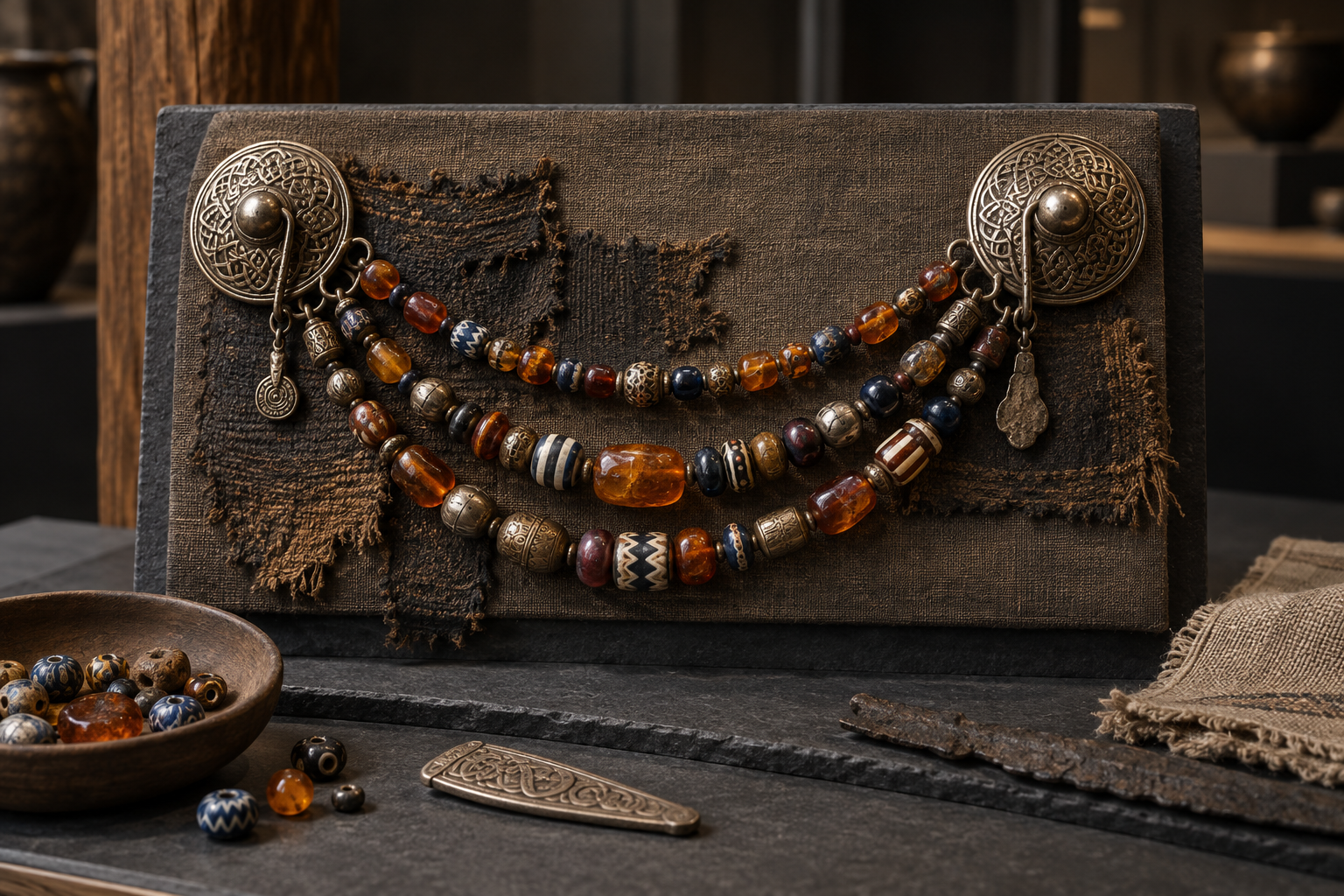 Viking-style glass and amber beads strung between two brooches