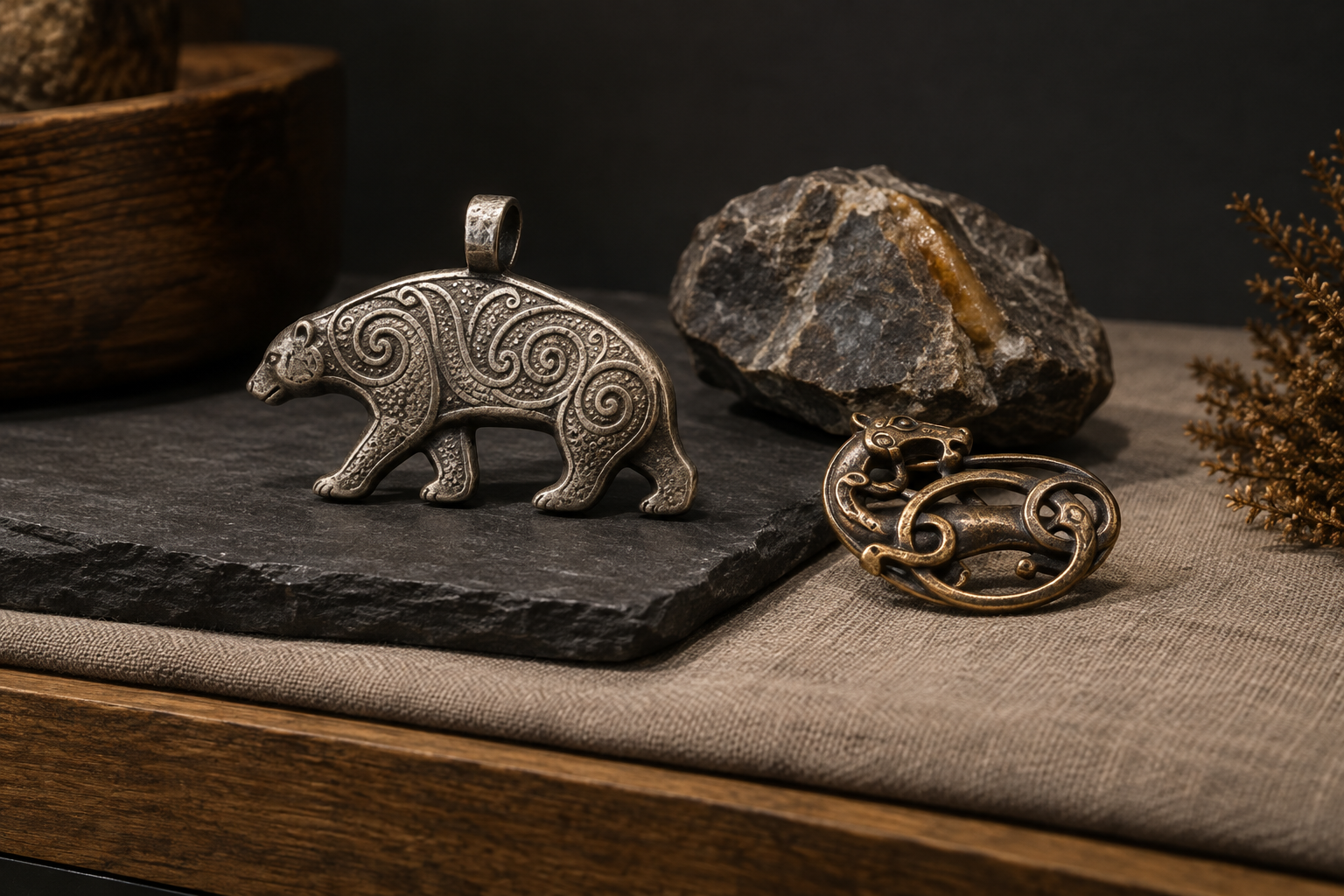 Silver bear pendant beside a stylized animal-art brooch and natural stone
