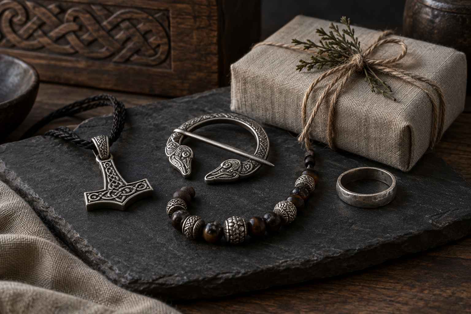 Curated Viking-inspired silver jewelry gift arrangement on linen and slate