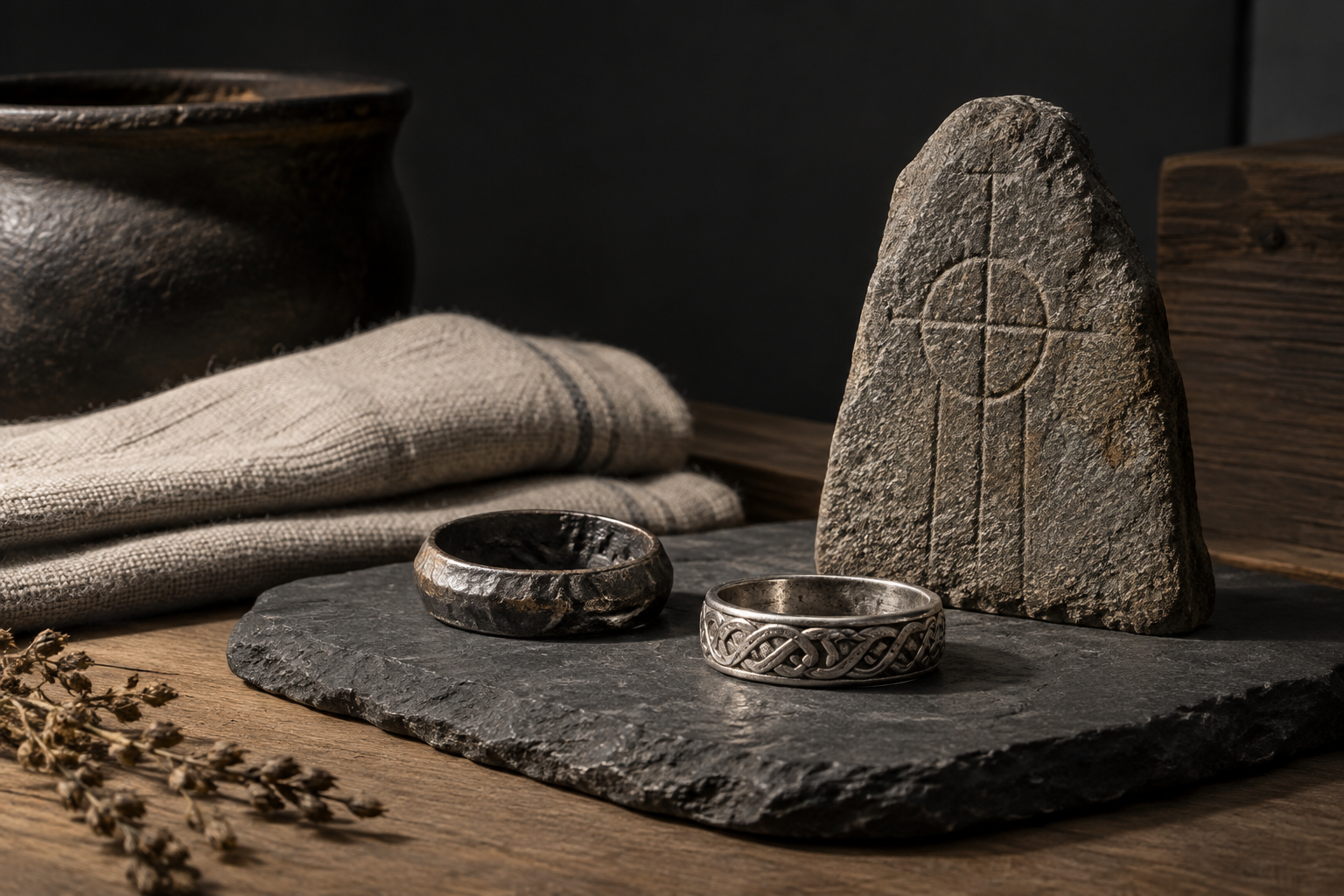 Historically inspired iron and silver rings displayed with stone and linen