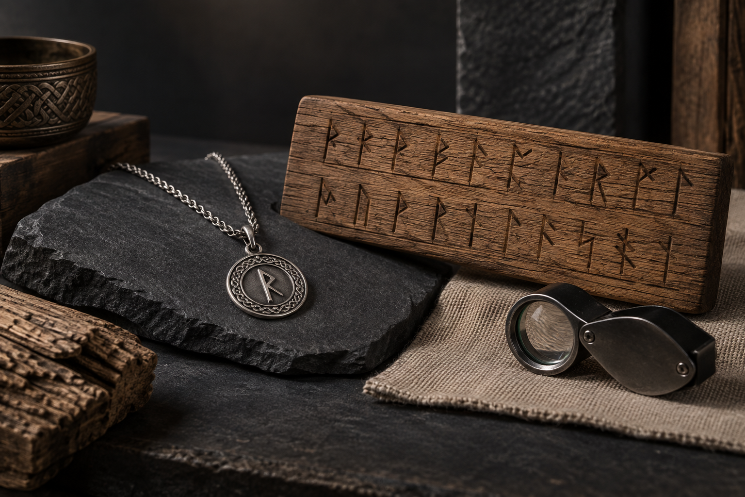 Sterling silver rune necklace beside a wooden reference tablet and loupe