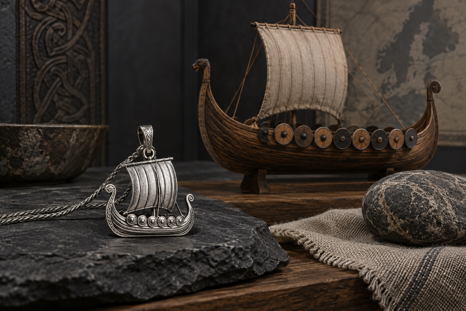 Silver Viking ship pendant with a small wooden ship model and sea-worn stone