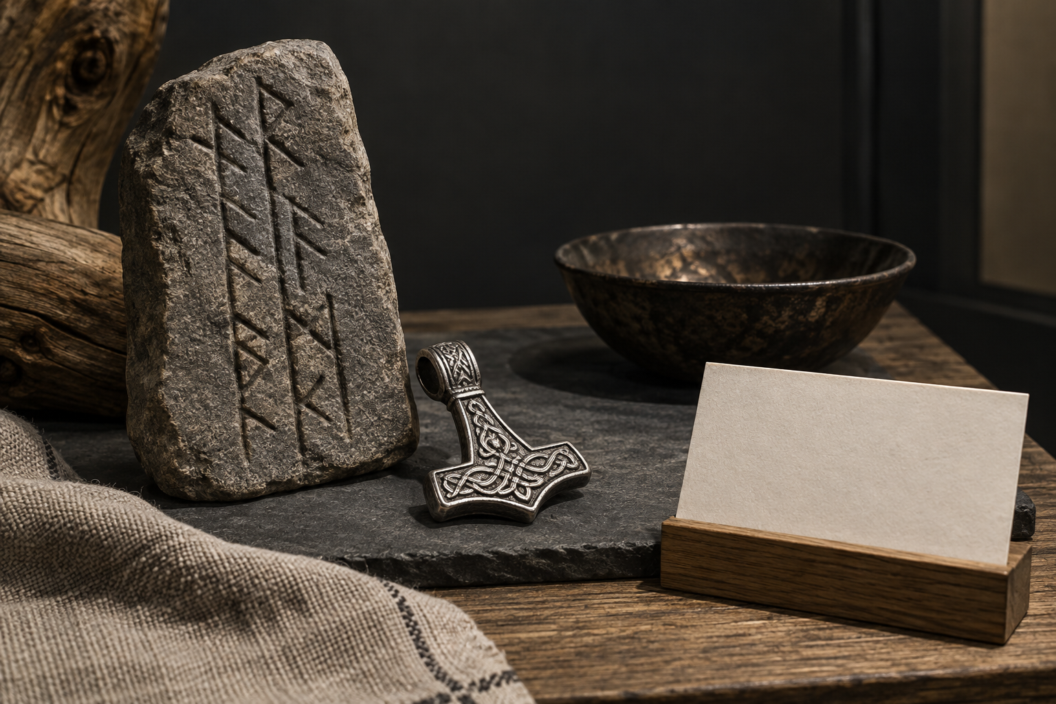 Ancient rune and hammer objects presented in a responsible museum-education display