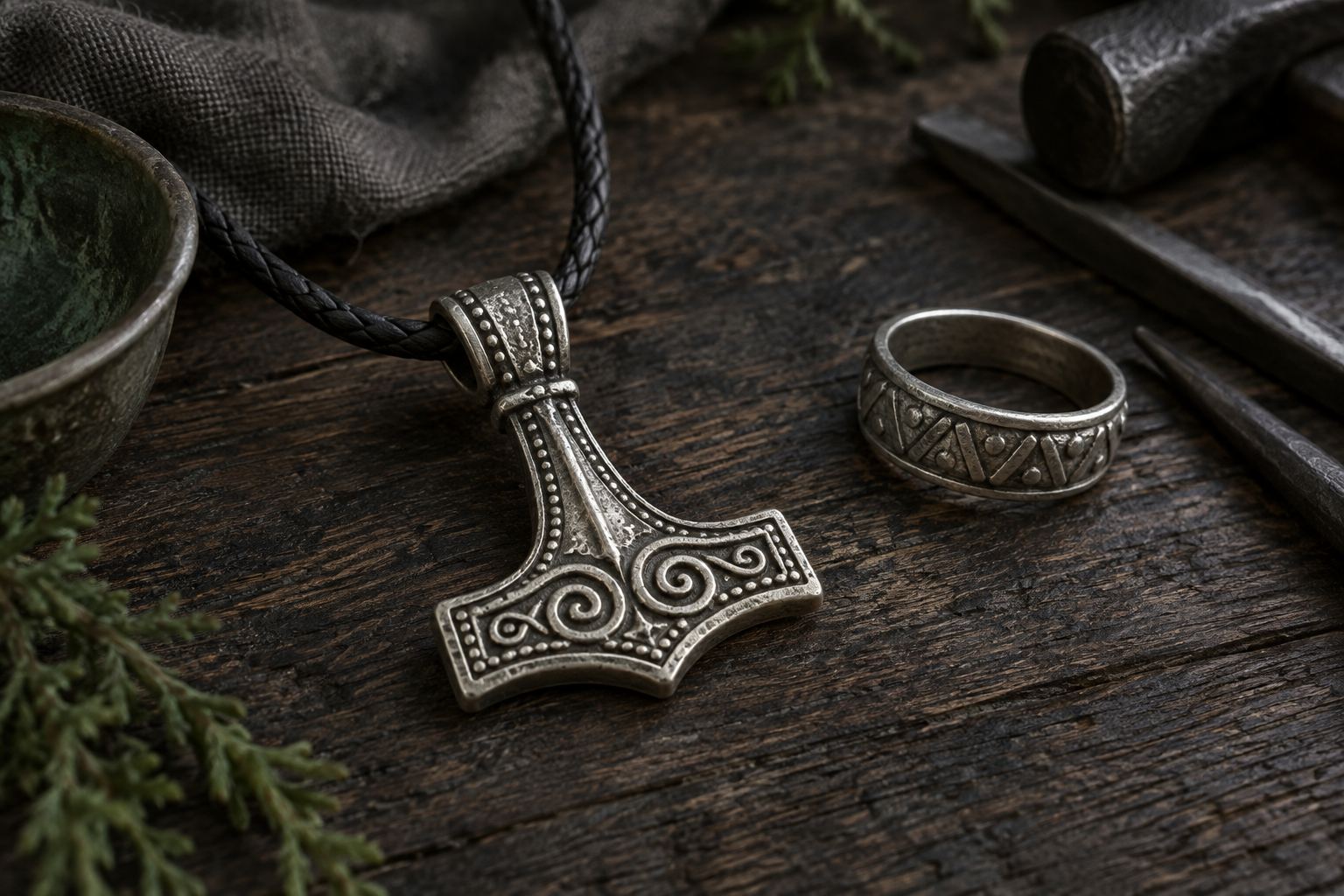 Hand-forged silver Mjölnir pendant and Nordic-style ring on a dark wooden surface