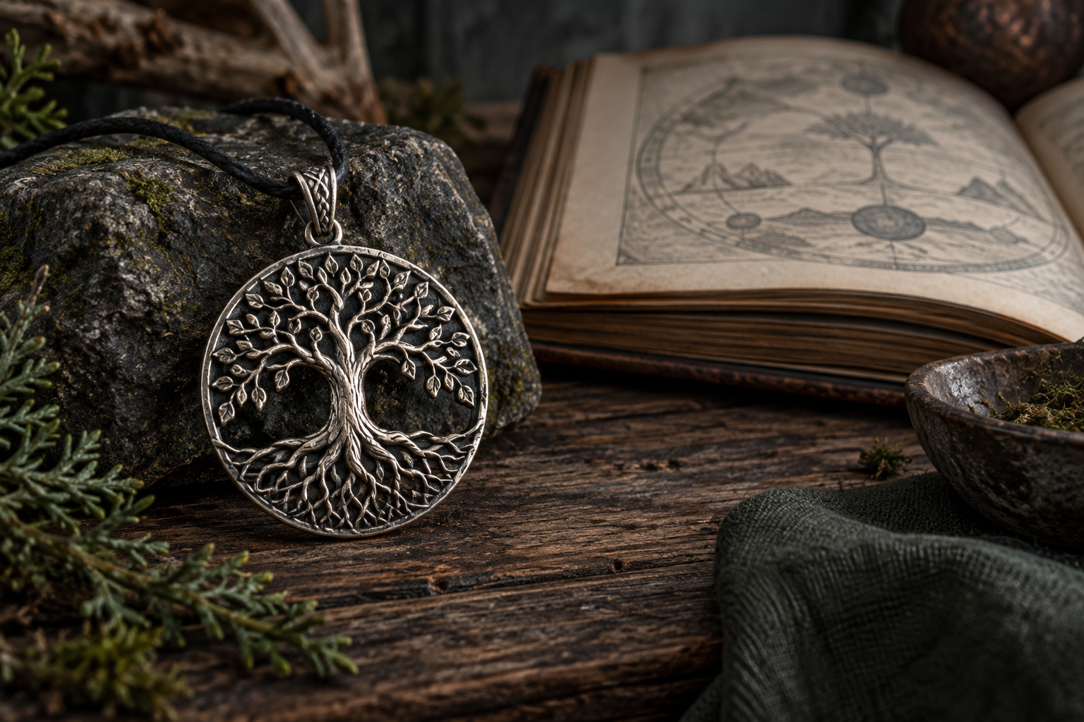 Modern silver Yggdrasil tree pendant on stone beside an open mythology research book