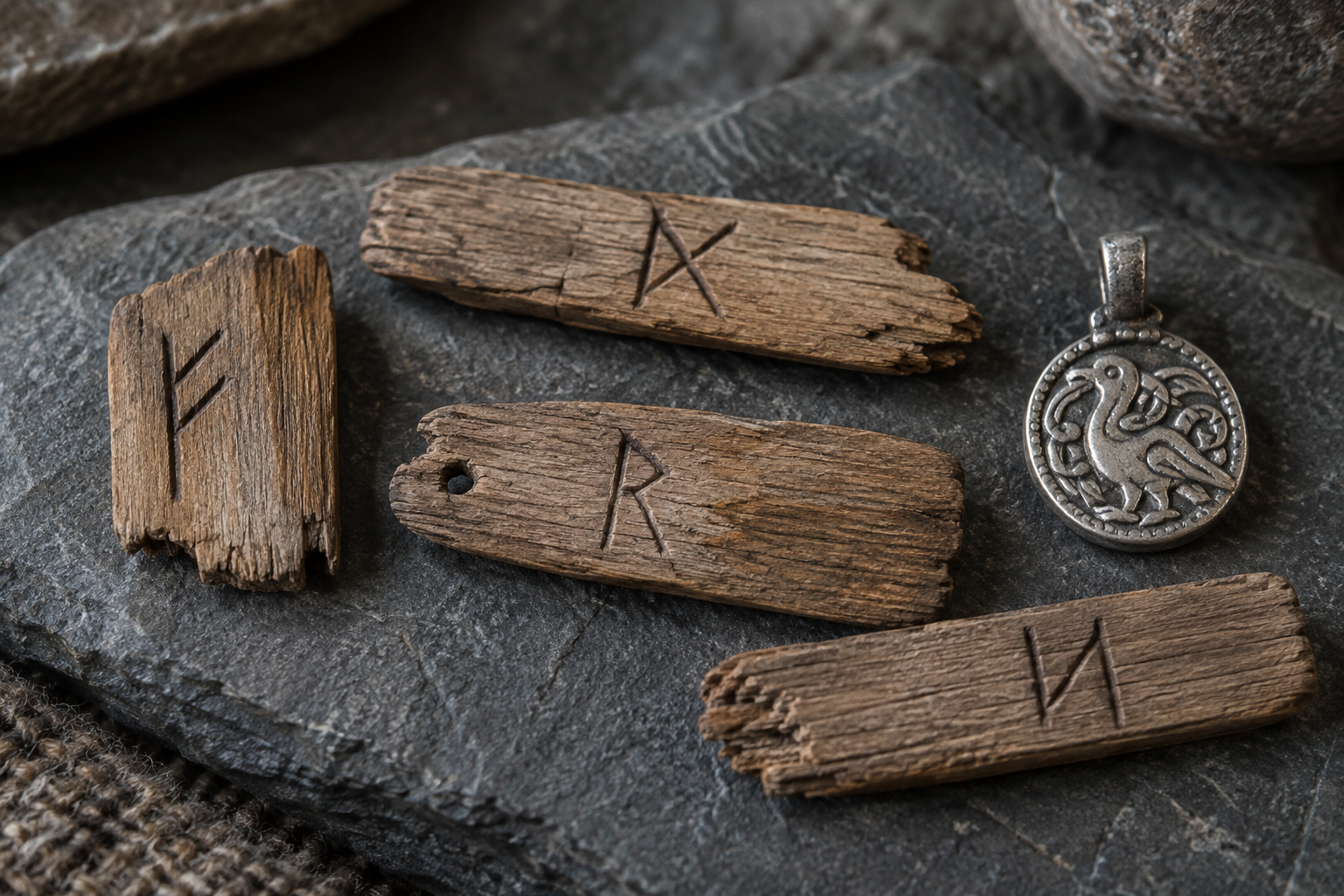 Four carved rune slips displayed beside a modest silver pendant