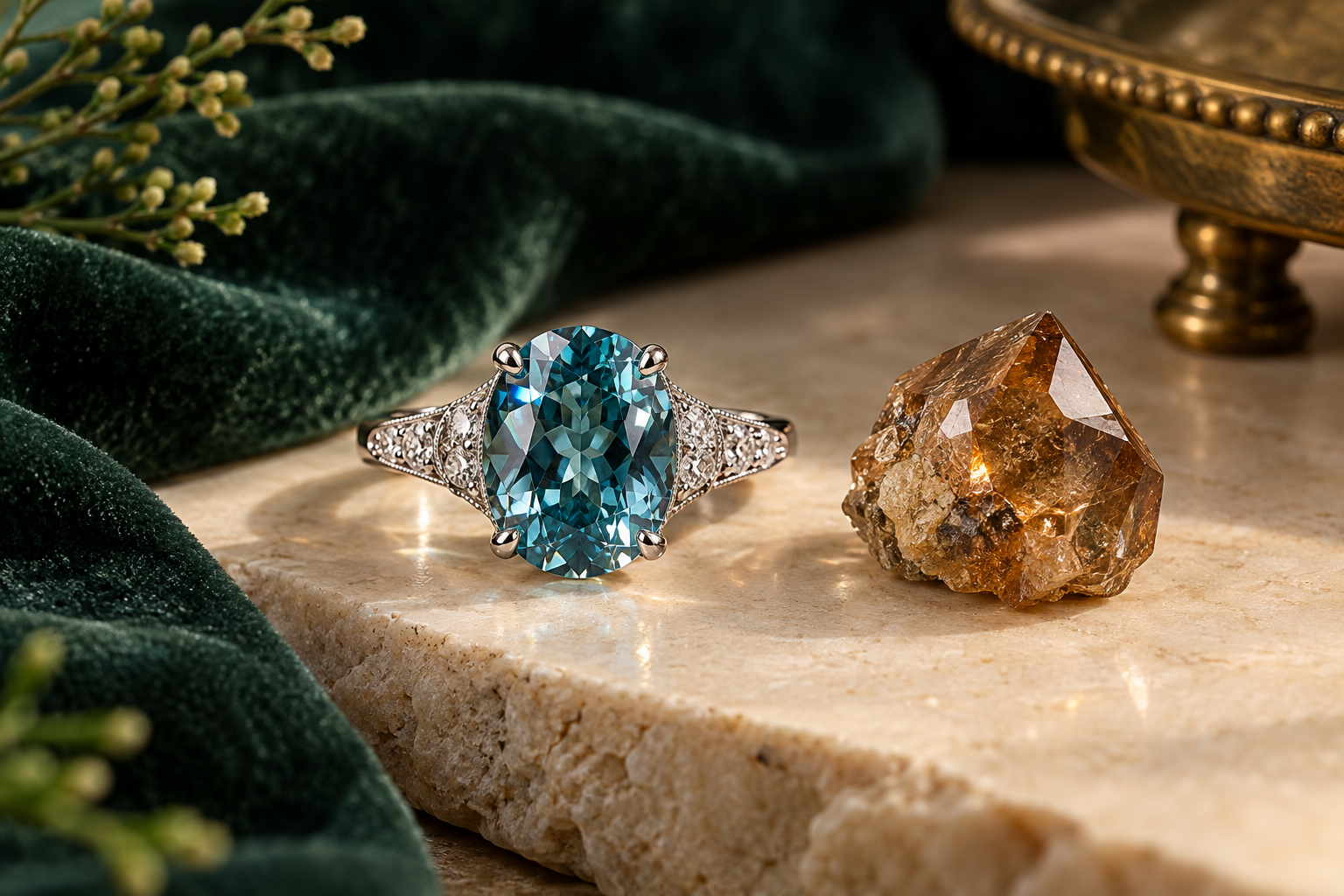 Natural blue zircon ring beside a honey-brown zircon crystal