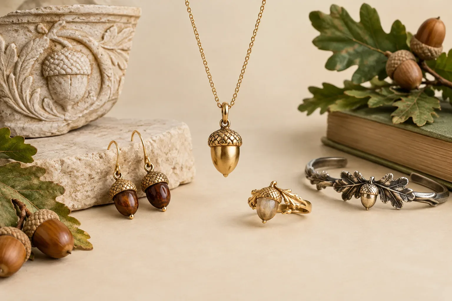 Editorial jewelry still life for Acorn Jewelry Meaning: History, Symbolism, and Modern Wear