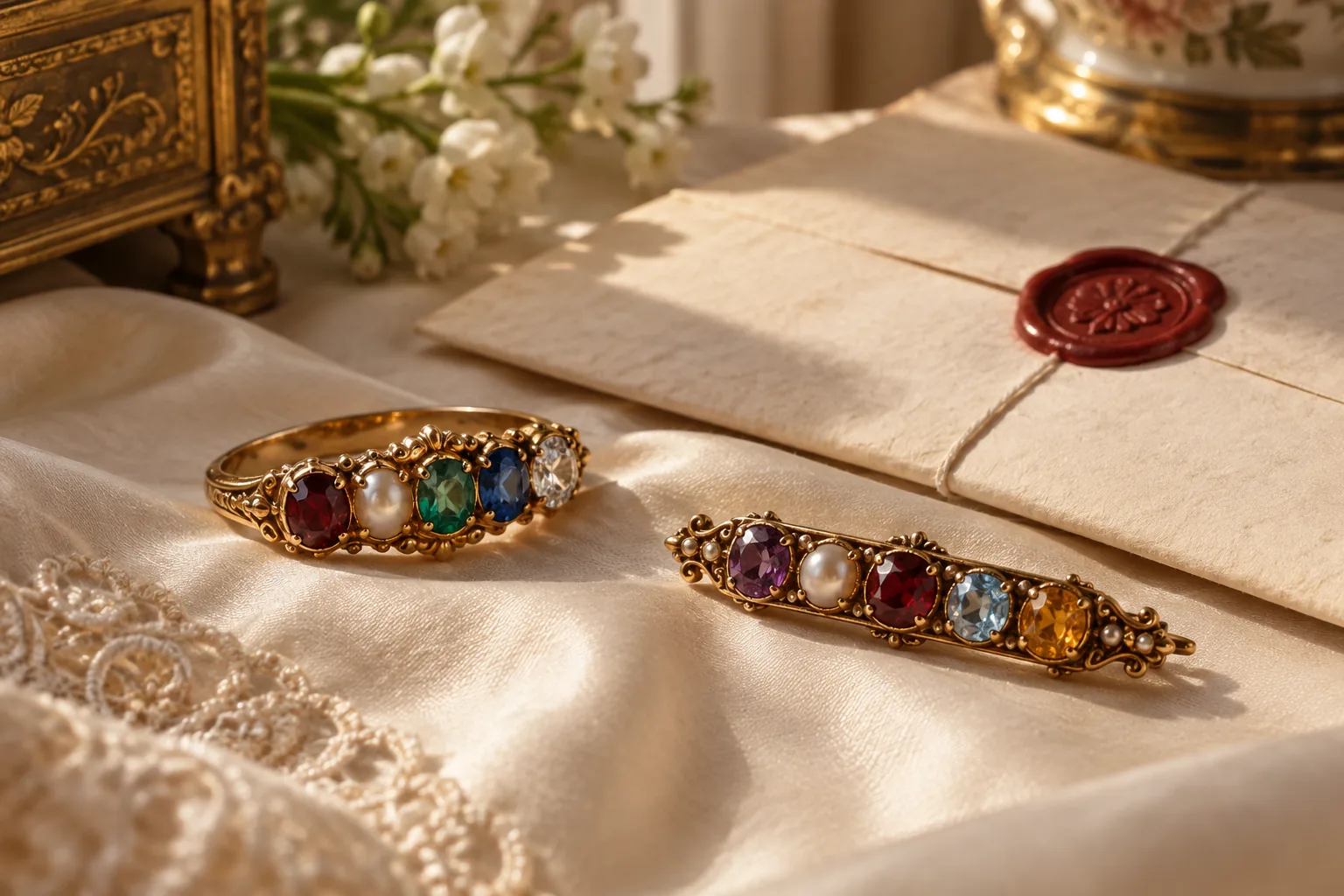 Nineteenth-century inspired acrostic ring and brooch set with a sequence of colored gemstones