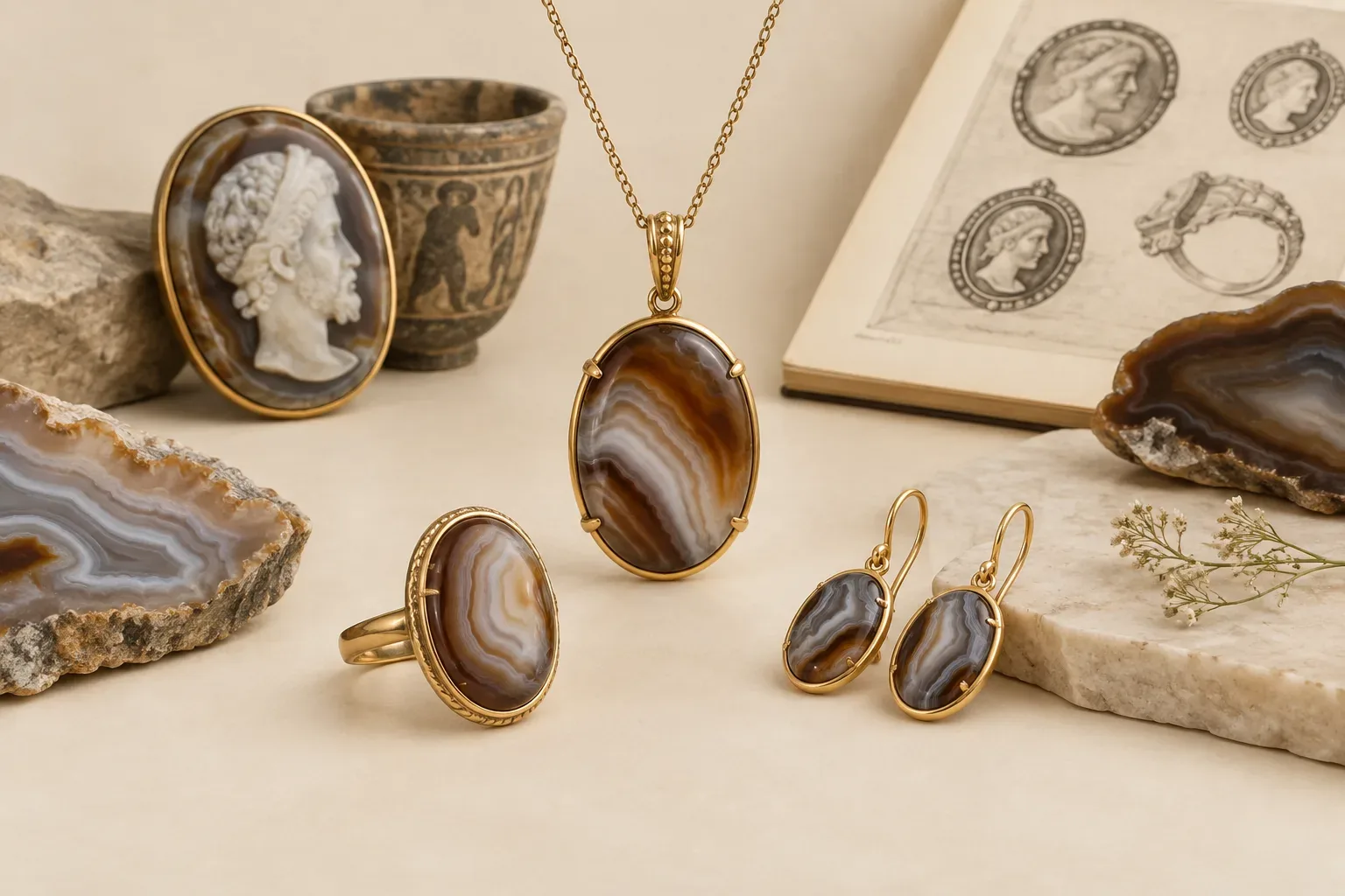 Editorial jewelry still life for Agate Cuts and Settings: Choosing Beauty and Durability