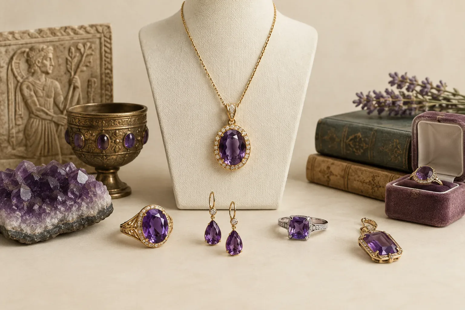 Editorial jewelry still life for Amethyst Cuts and Settings: Choosing Beauty and Durability