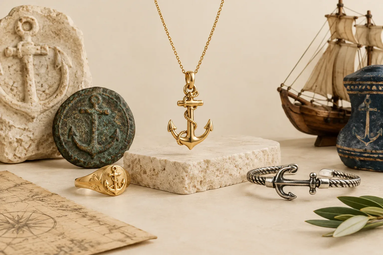 Editorial jewelry still life for Anchor Jewelry Meaning: History, Symbolism, and Modern Wear