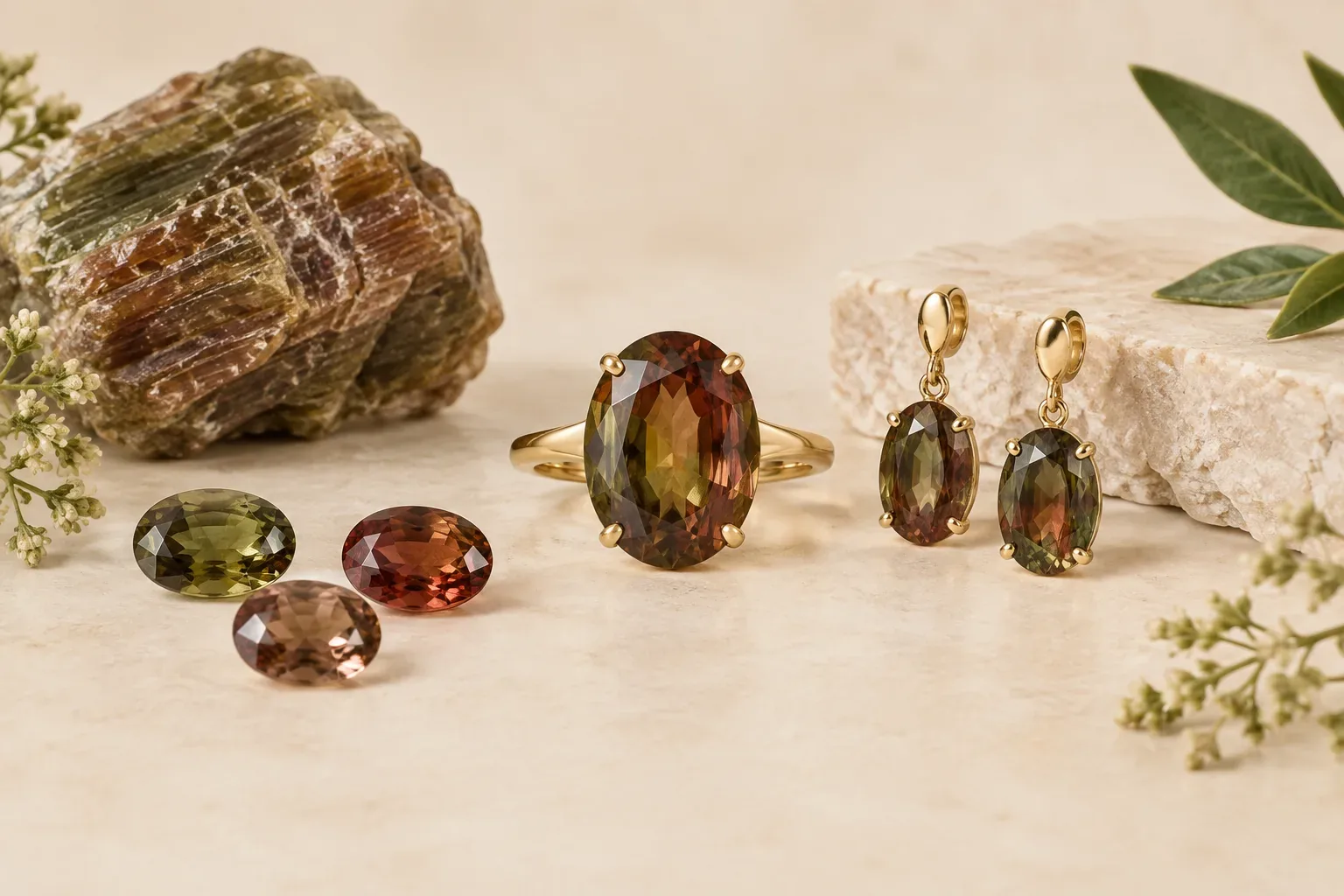 Editorial jewelry still life for Andalusite Jewelry Meaning: Pleochroism, Buying, and Care