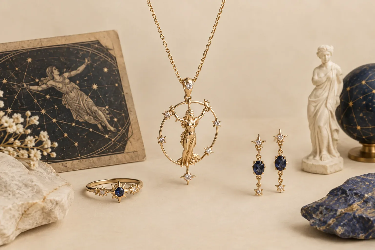 Editorial jewelry still life for Andromeda Jewelry Meaning: History, Astronomy, and Modern Symbolism