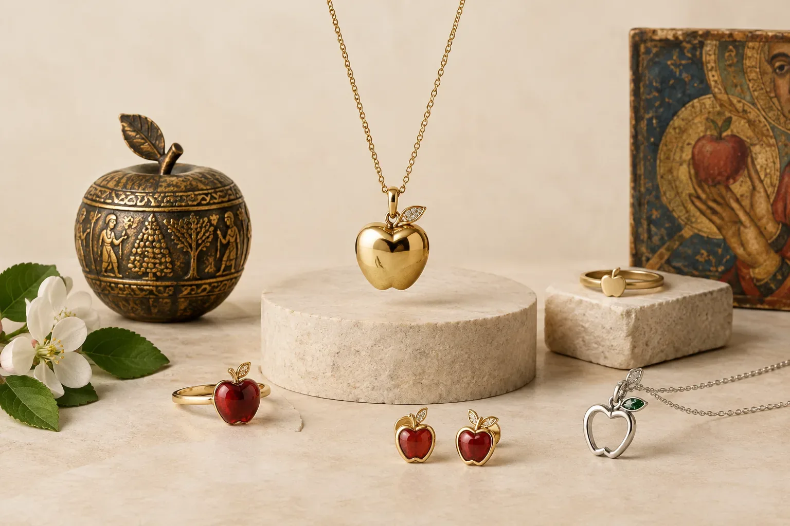 Editorial jewelry still life for Apple Jewelry Meaning: History, Symbolism, and Modern Wear