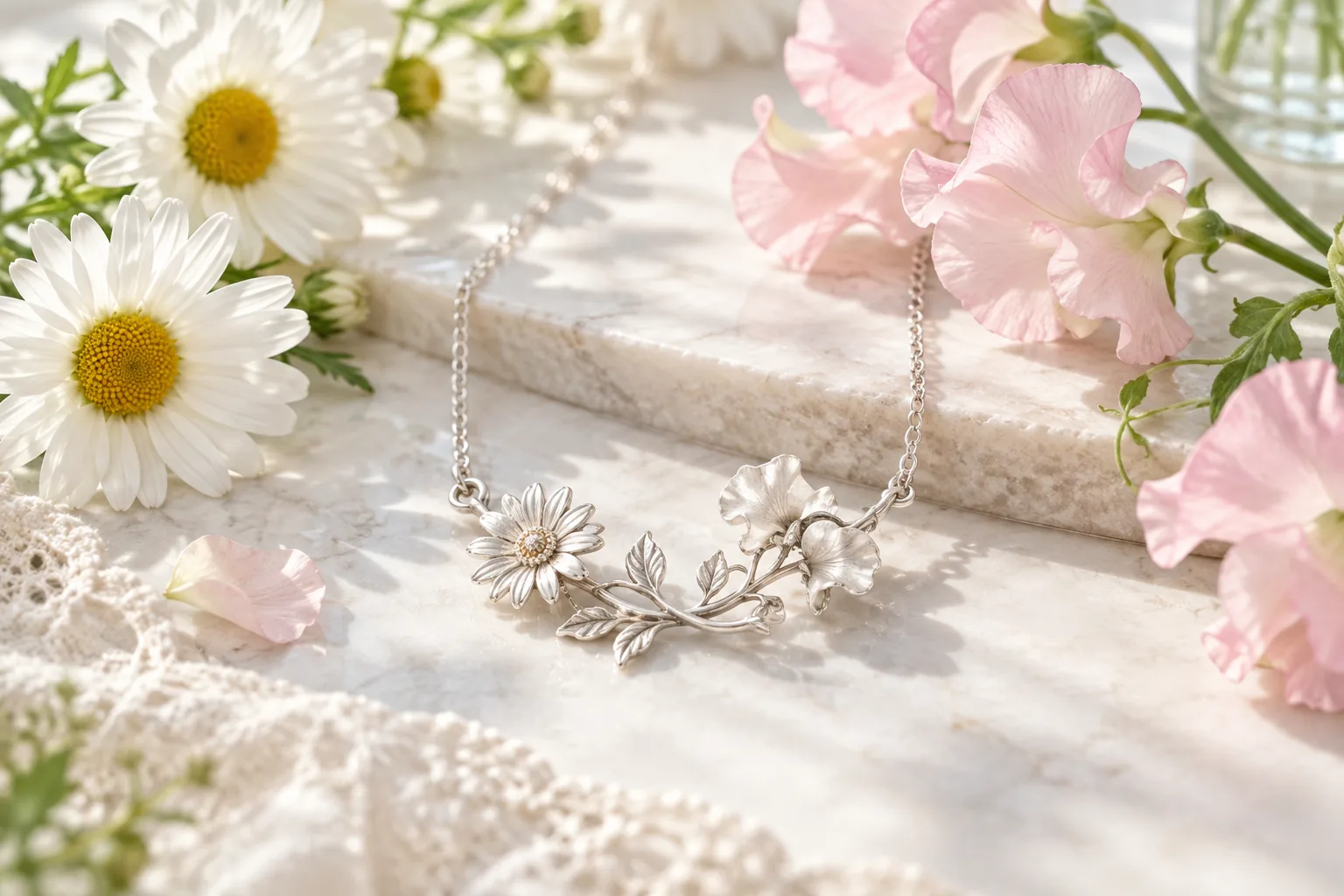 Silver botanical necklace displayed with white daisies and pale pink sweet pea flowers