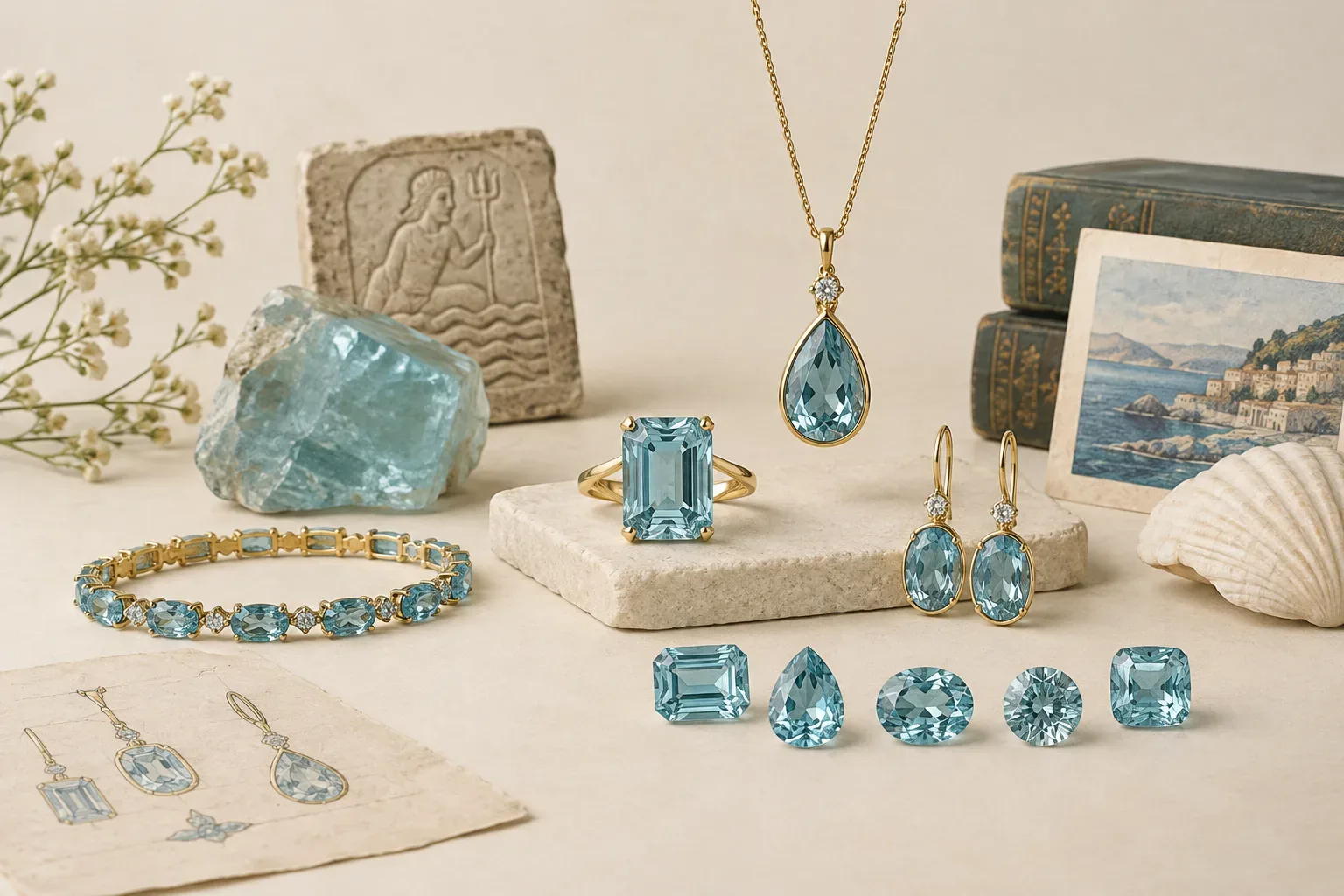 Editorial jewelry still life for Aquamarine Cuts and Settings: Choosing Beauty and Durability