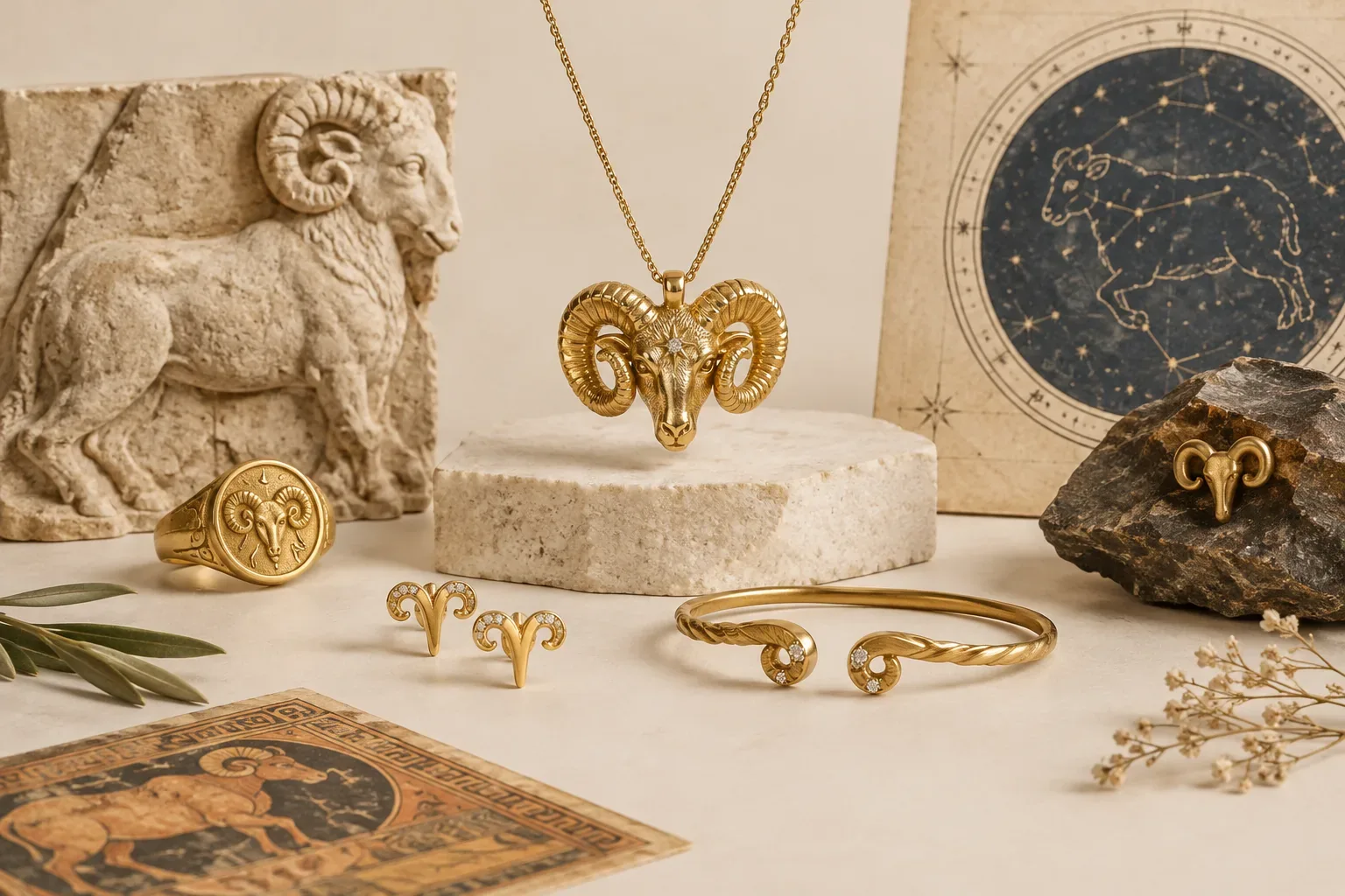 Editorial jewelry still life for Aries Jewelry Meaning: History, Astronomy, and Modern Symbolism