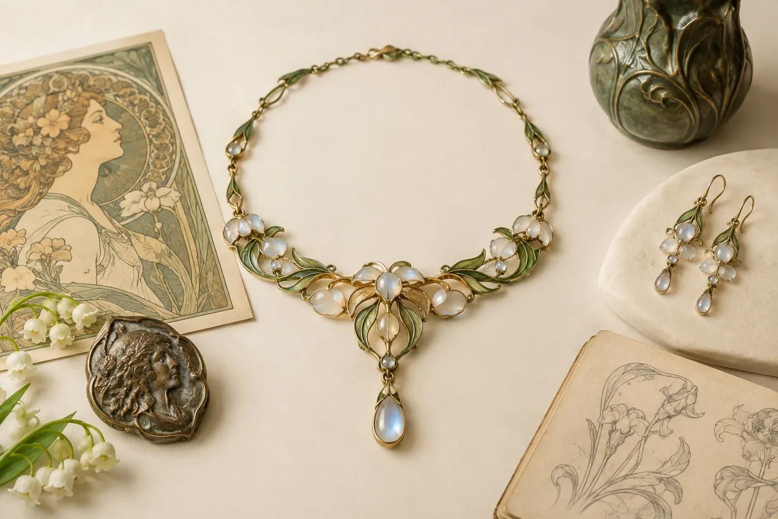 Editorial jewelry still life for Art Nouveau Jewelry Buying Guide: Revival Pieces and Responsible Context
