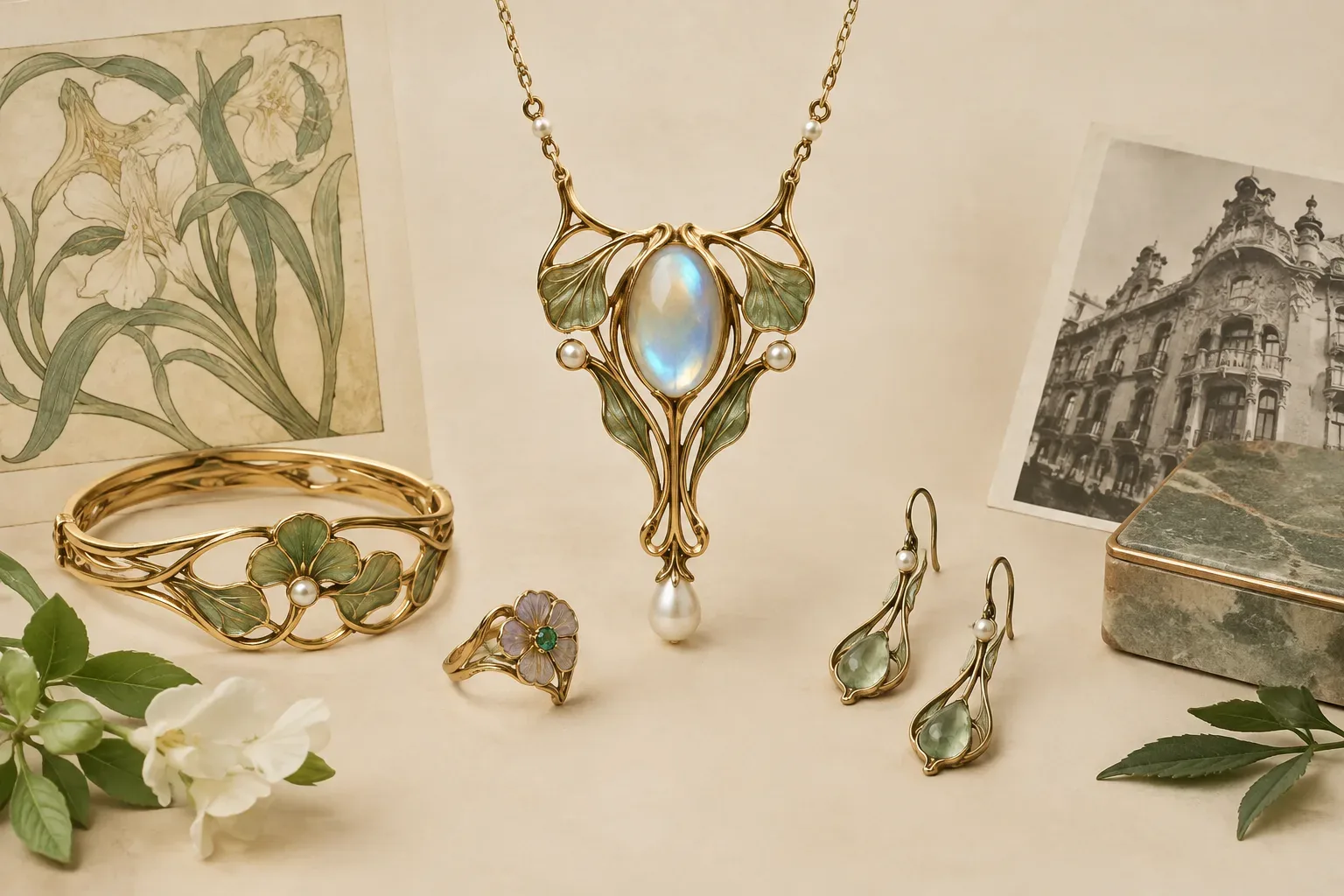 Editorial jewelry still life for Art Nouveau Jewelry Identification: Motifs, Dates, and Common Mislabels