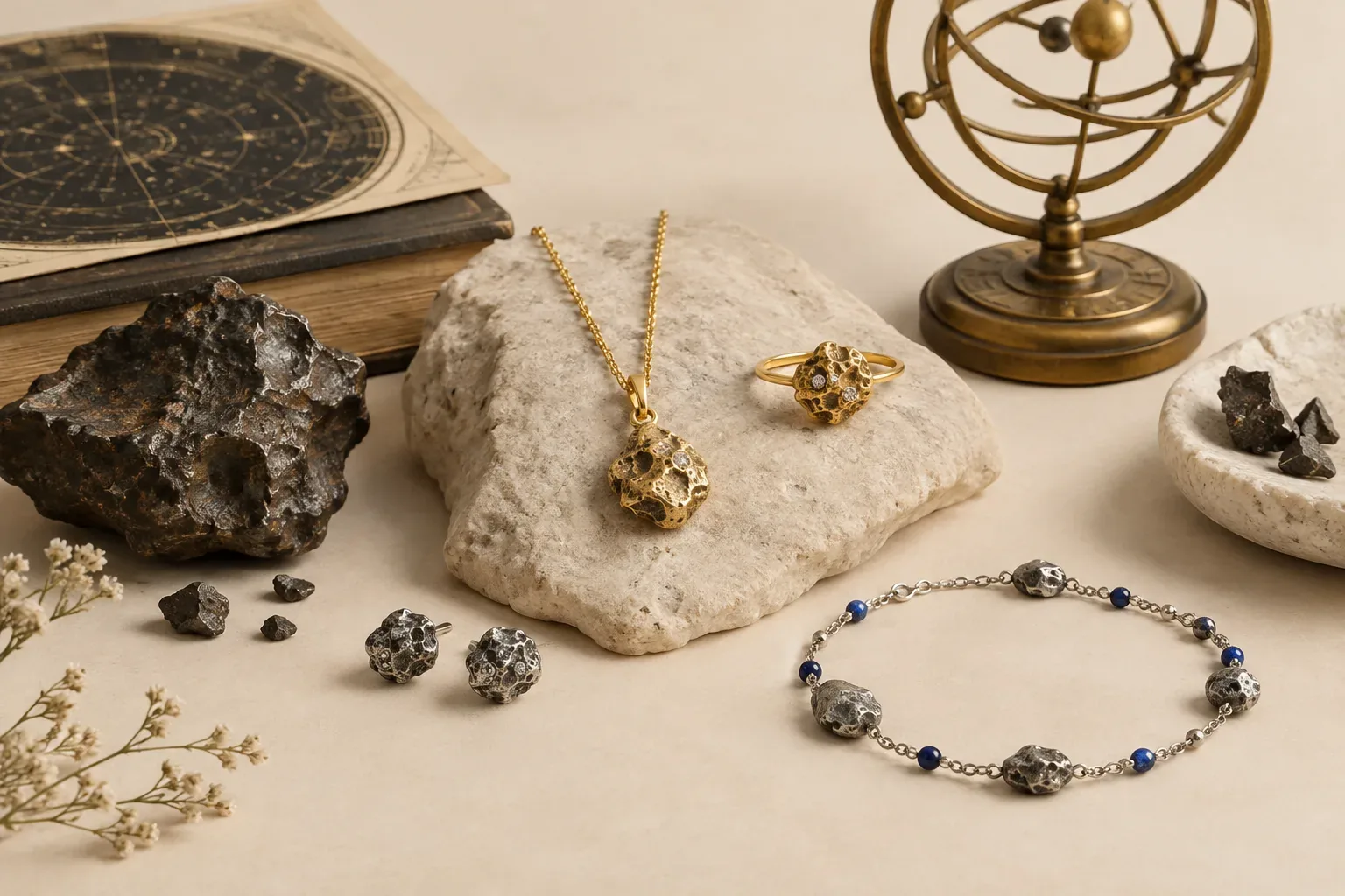 Editorial jewelry still life for Asteroid Jewelry Meaning: History, Astronomy, and Modern Symbolism