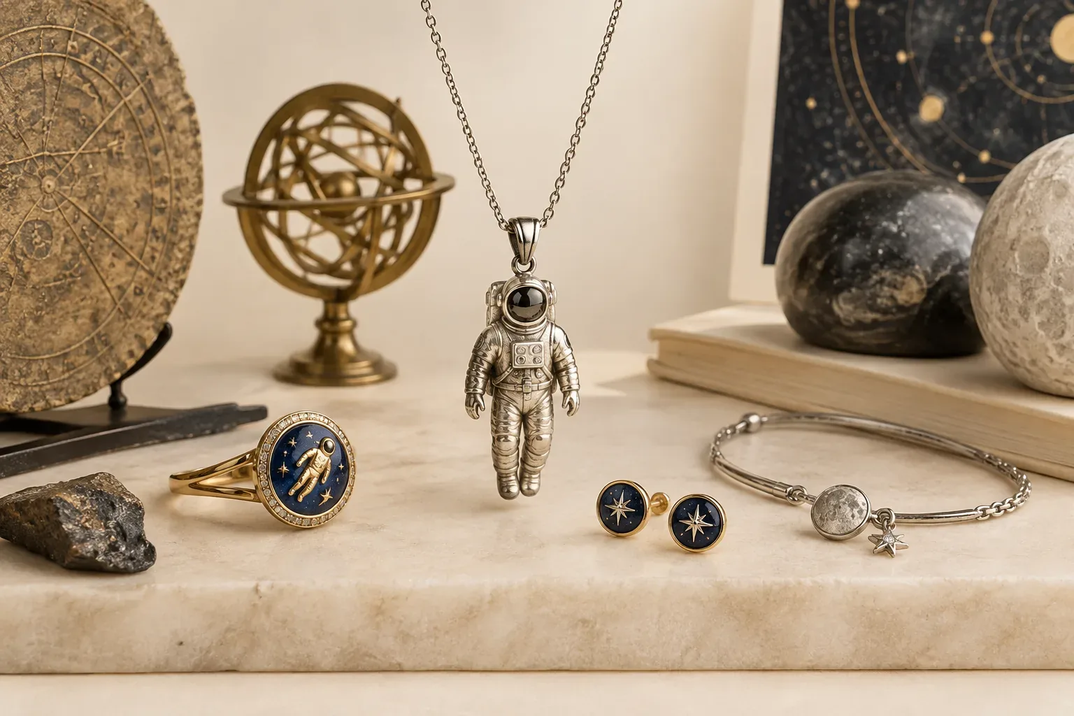 Editorial jewelry still life for Astronaut Jewelry Meaning: History, Astronomy, and Modern Symbolism