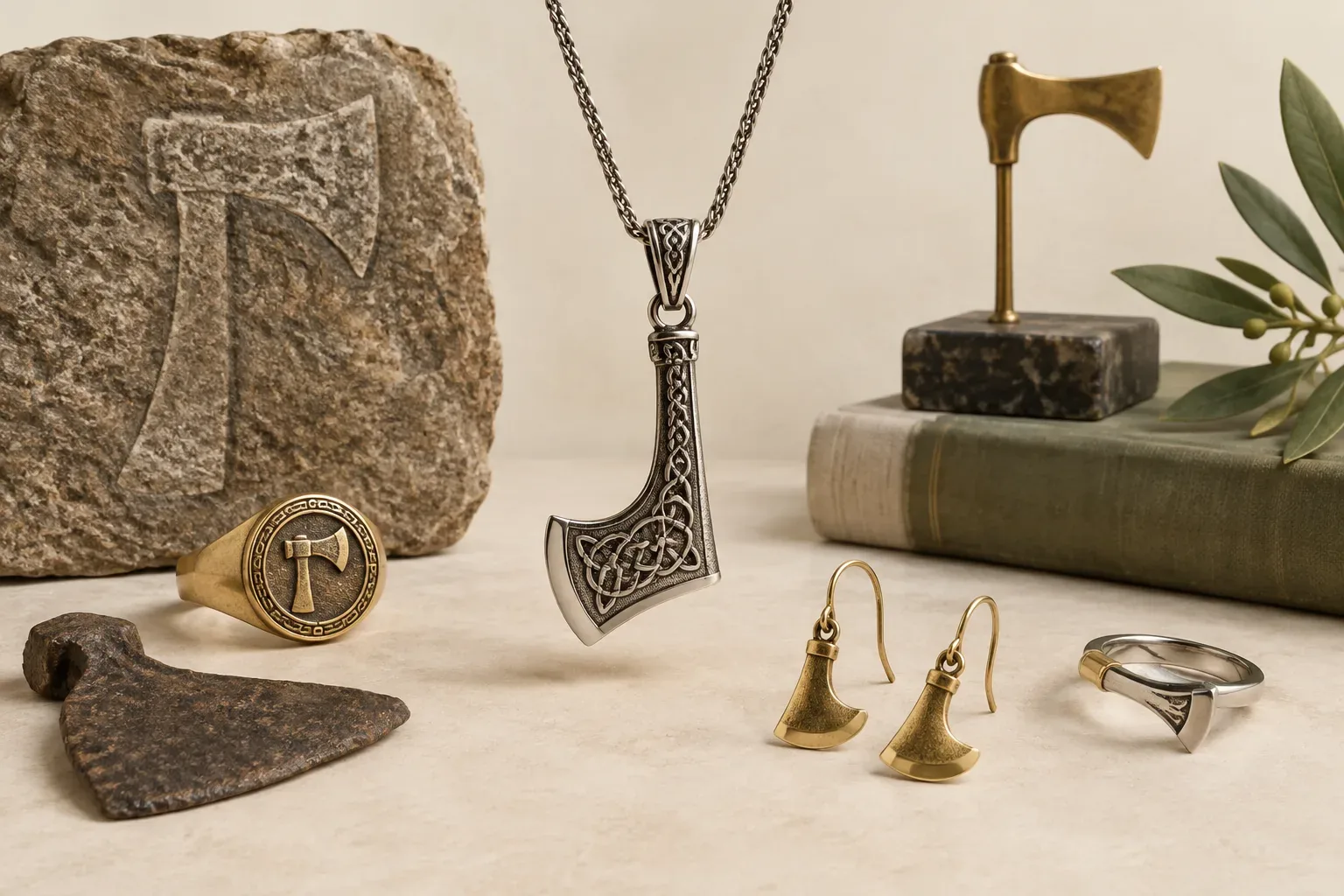 Editorial jewelry still life for Axe Jewelry Meaning: History, Symbolism, and Modern Wear