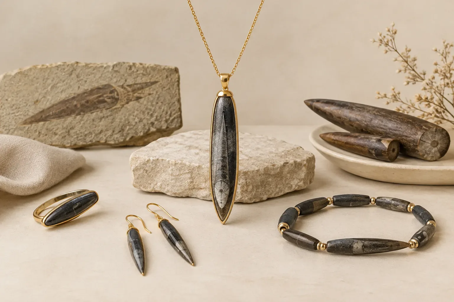Editorial jewelry still life for Belemnite Jewelry Buying Guide: Authenticity, Treatment, and Care