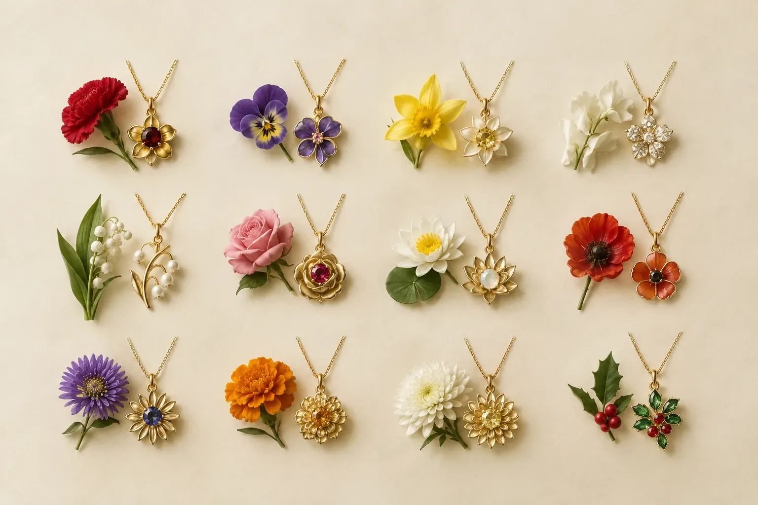 Editorial jewelry still life for Birth Flowers by Month: A Careful Jewelry Meaning Chart