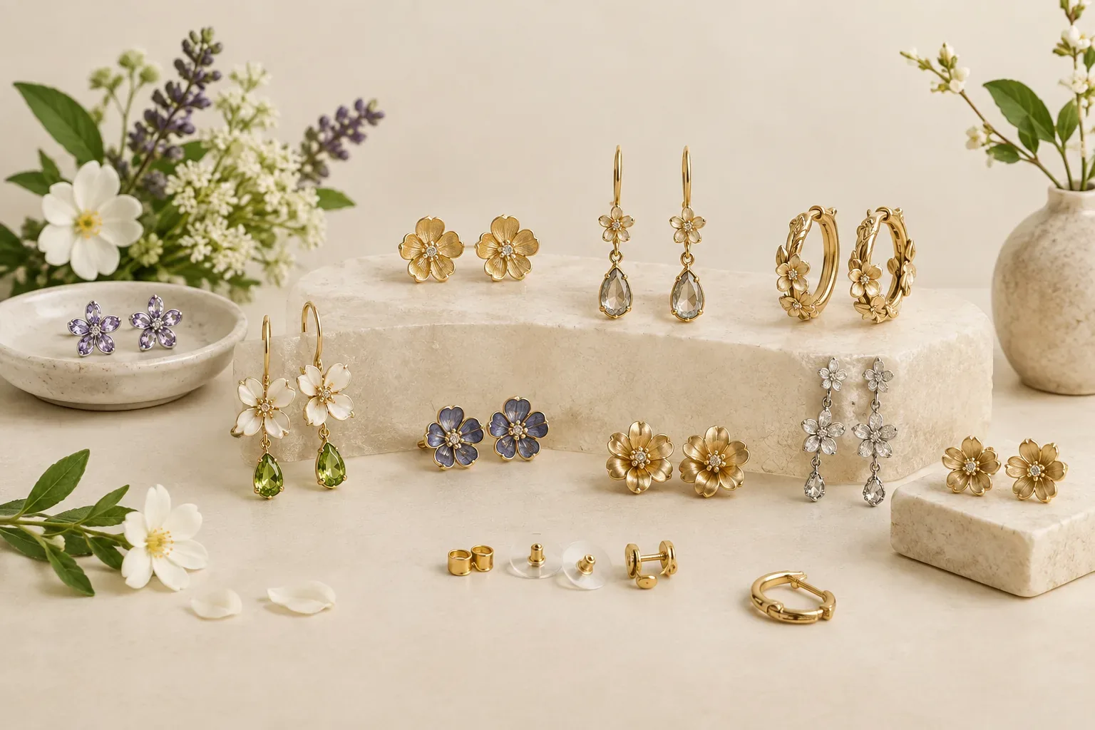 Editorial jewelry still life for Birth Flower Earrings: Studs, Drops, Scale, and Buying Guide