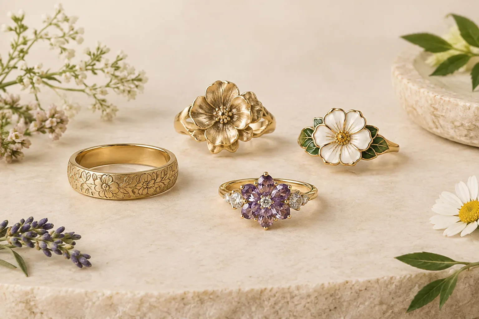 Editorial jewelry still life for Birth Flower Rings: Engraving, Settings, Fit, and Buying Guide
