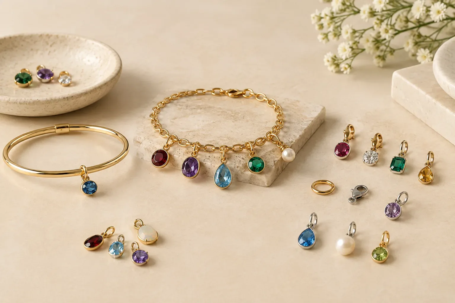 Editorial jewelry still life for Birthstone Charms: Materials, Attachment Styles, and Buying Guide