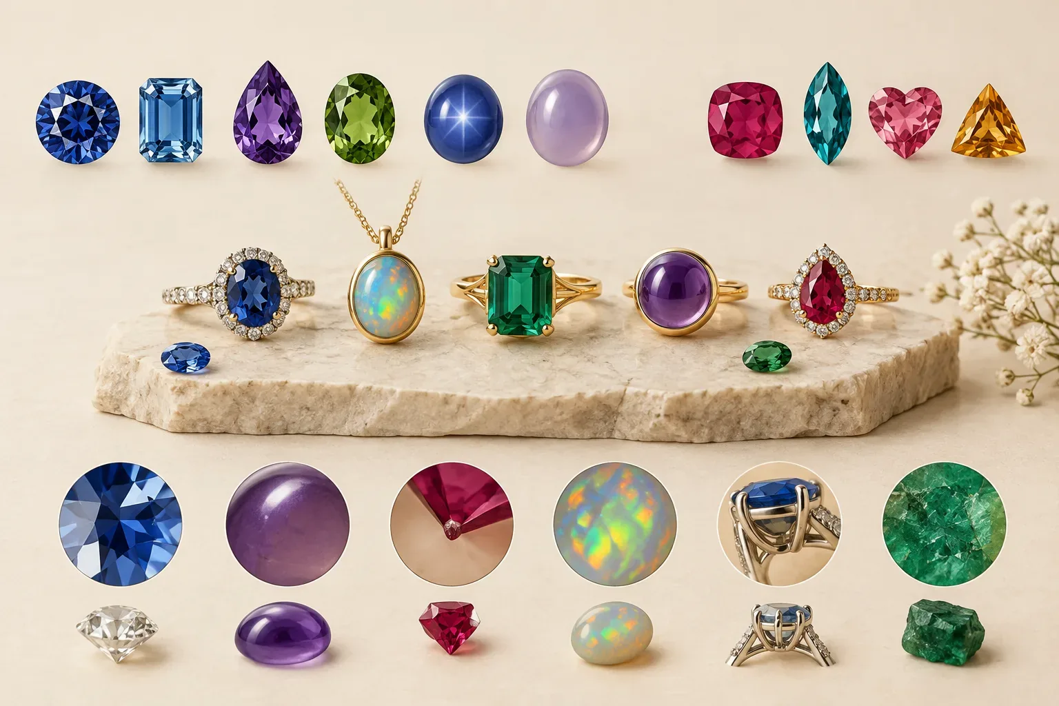 Editorial jewelry still life for Birthstone Cuts and Shapes: Choosing Beauty Without Ignoring Durability