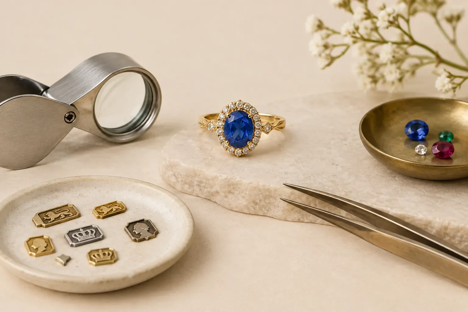 Editorial jewelry still life for Birthstone Jewelry Hallmarks: What Marks Can and Cannot Tell You