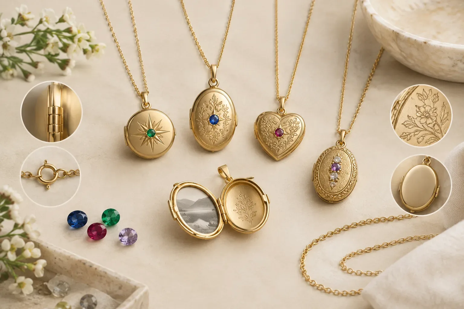 Editorial jewelry still life for Birthstone Lockets: Stone Placement, Engraving, and Buying Guide