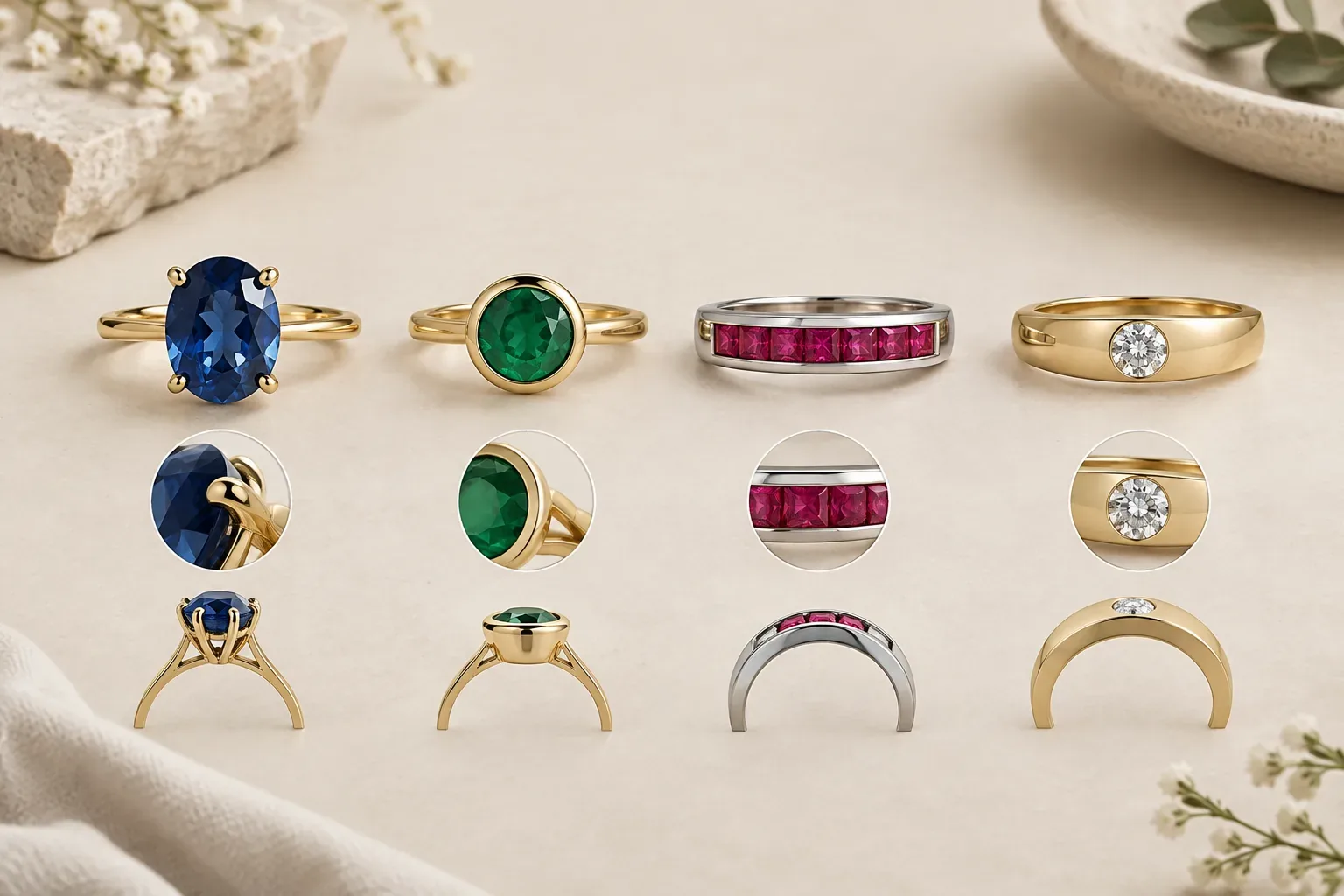 Editorial jewelry still life for Birthstone Settings Explained: Prong, Bezel, Channel, and Flush