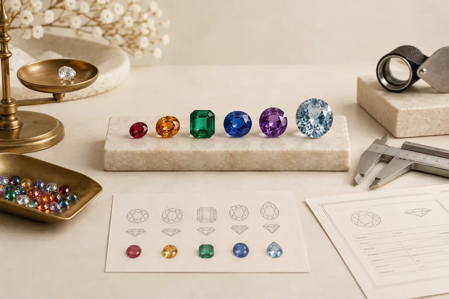 Editorial jewelry still life for Birthstone Size Guide: Carat Weight, Millimeters, and Visual Scale
