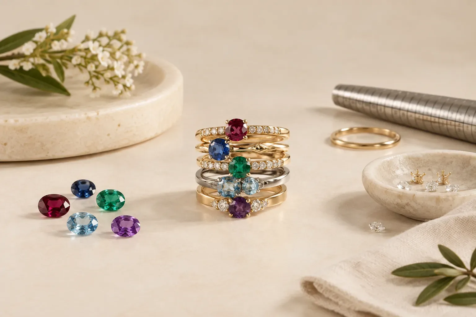 Editorial jewelry still life for Stackable Birthstone Rings: Fit, Durability, and Design Planning