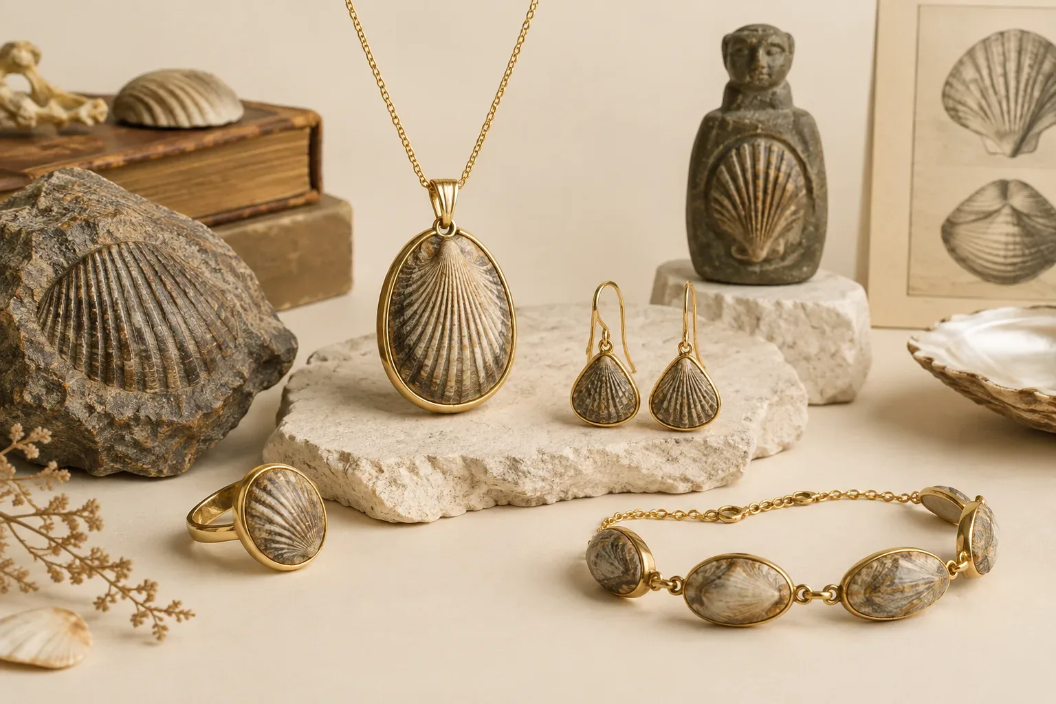 Editorial jewelry still life for Bivalve Fossil Jewelry Buying Guide: Authenticity, Treatment, and Care