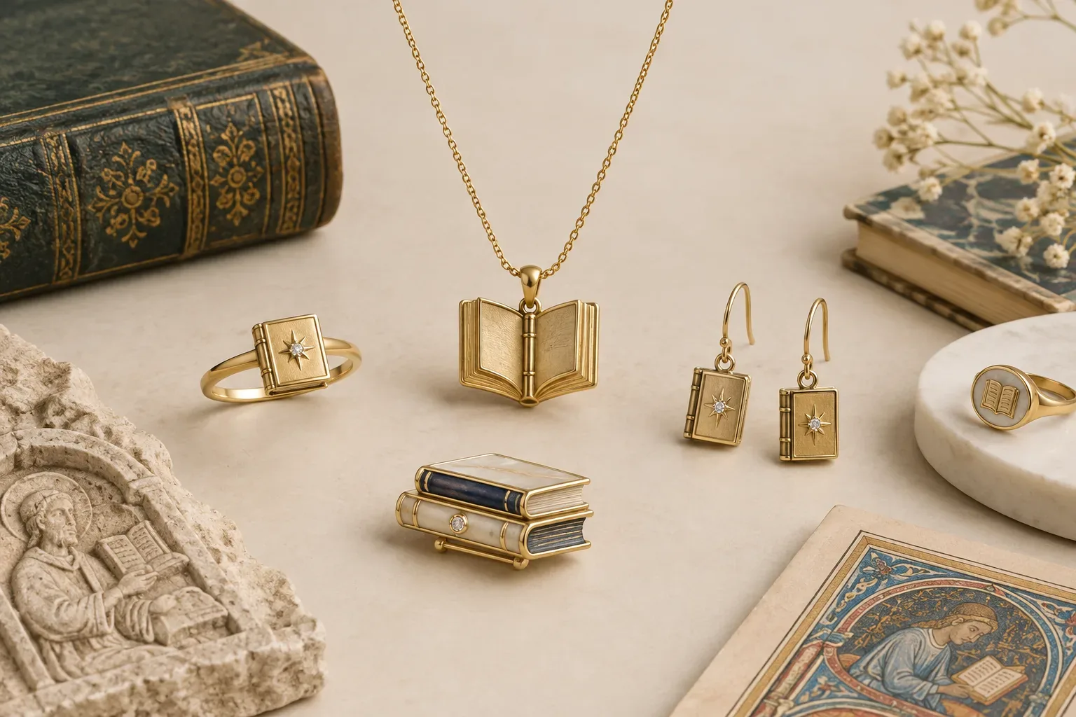 Editorial jewelry still life for Book Jewelry Meaning: History, Symbolism, and Modern Wear