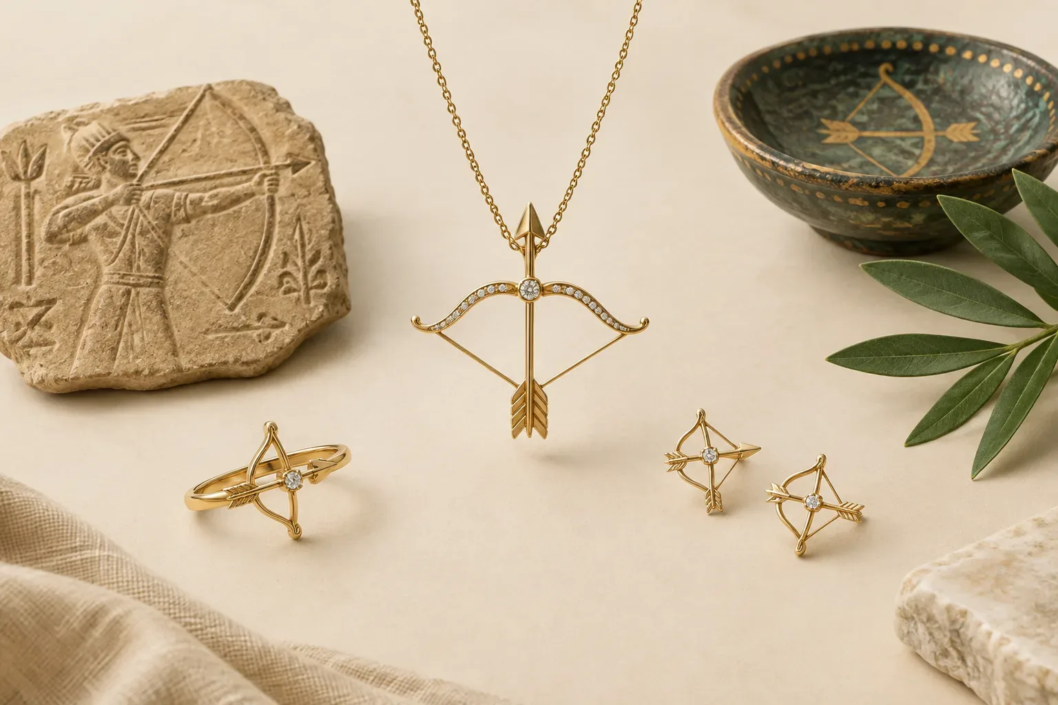 Editorial jewelry still life for Bow and Arrow Jewelry Meaning: History, Symbolism, and Modern Wear