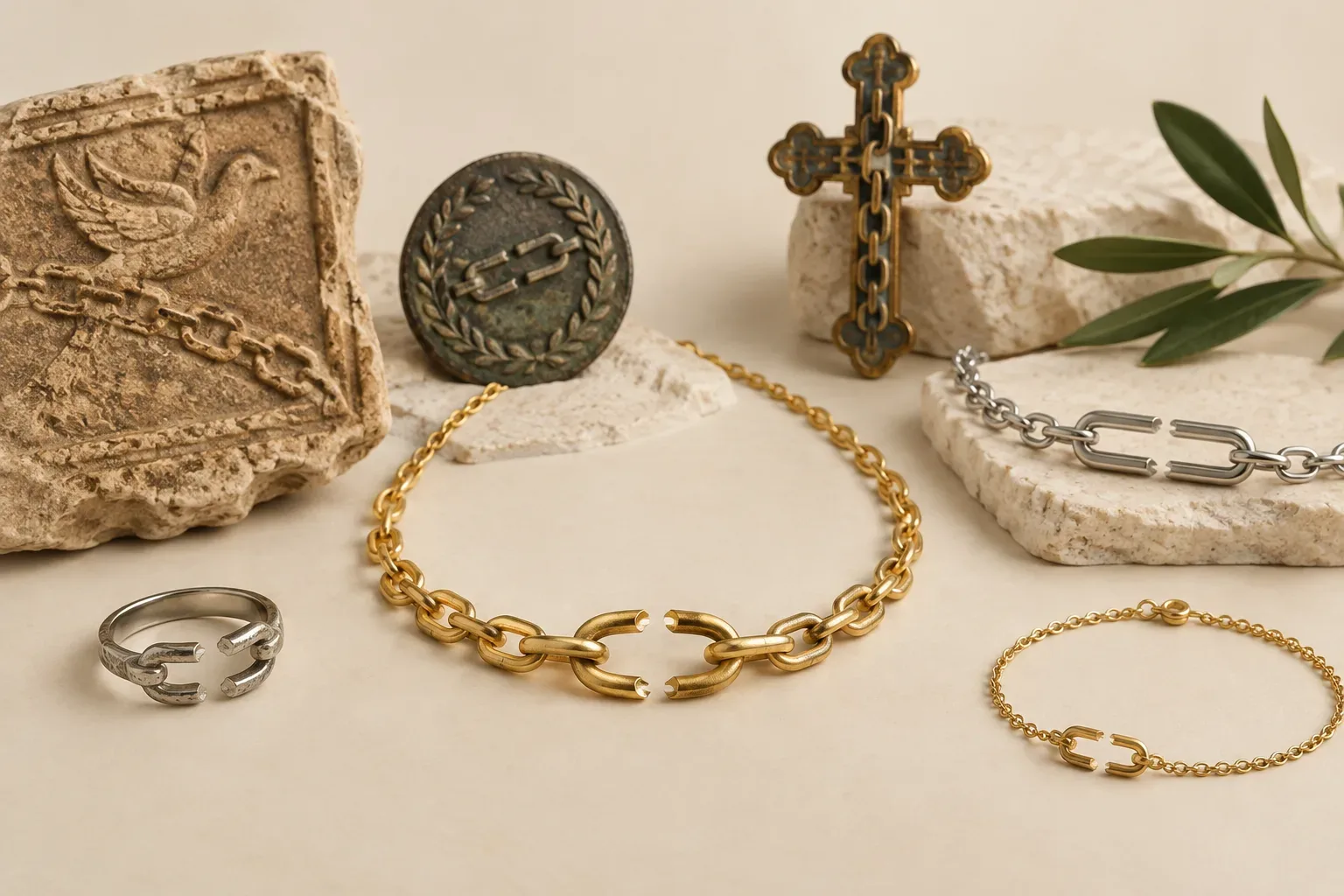 Editorial jewelry still life for Broken Chain Jewelry Meaning: History, Symbolism, and Modern Wear