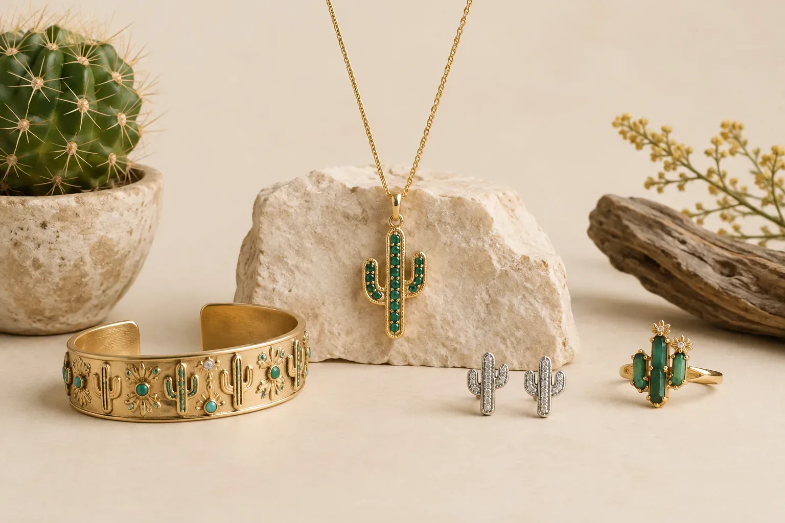 Editorial jewelry still life for Cactus Jewelry Meaning: History, Symbolism, and Modern Wear