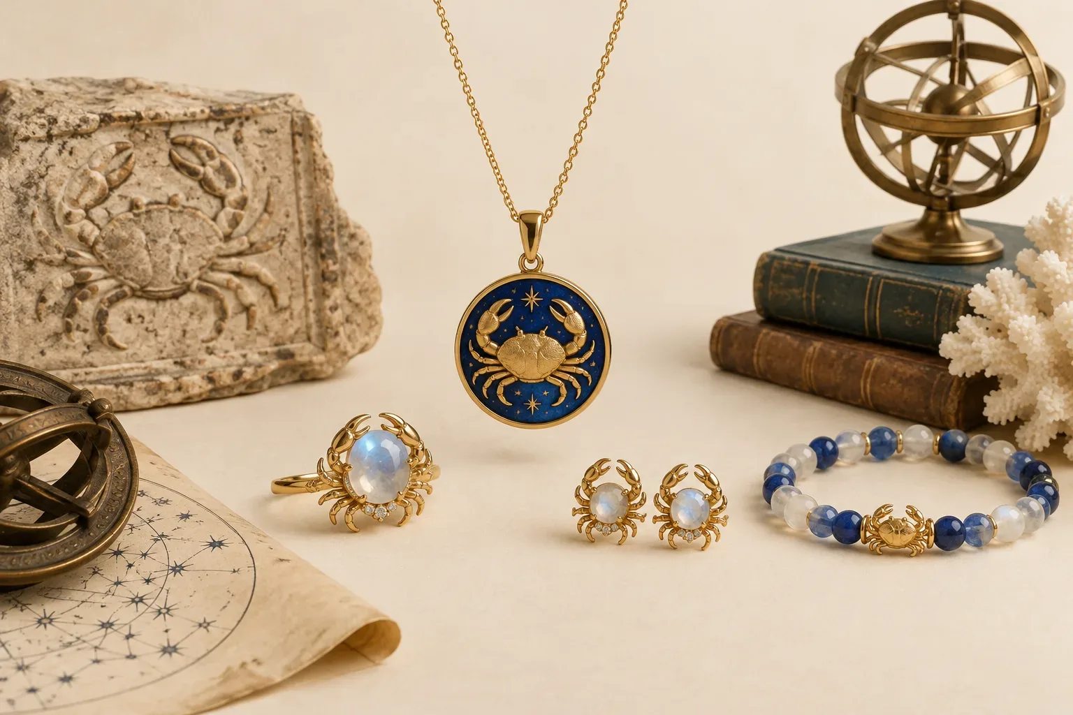 Editorial jewelry still life for Cancer Zodiac Jewelry Meaning: History, Astronomy, and Modern Symbolism
