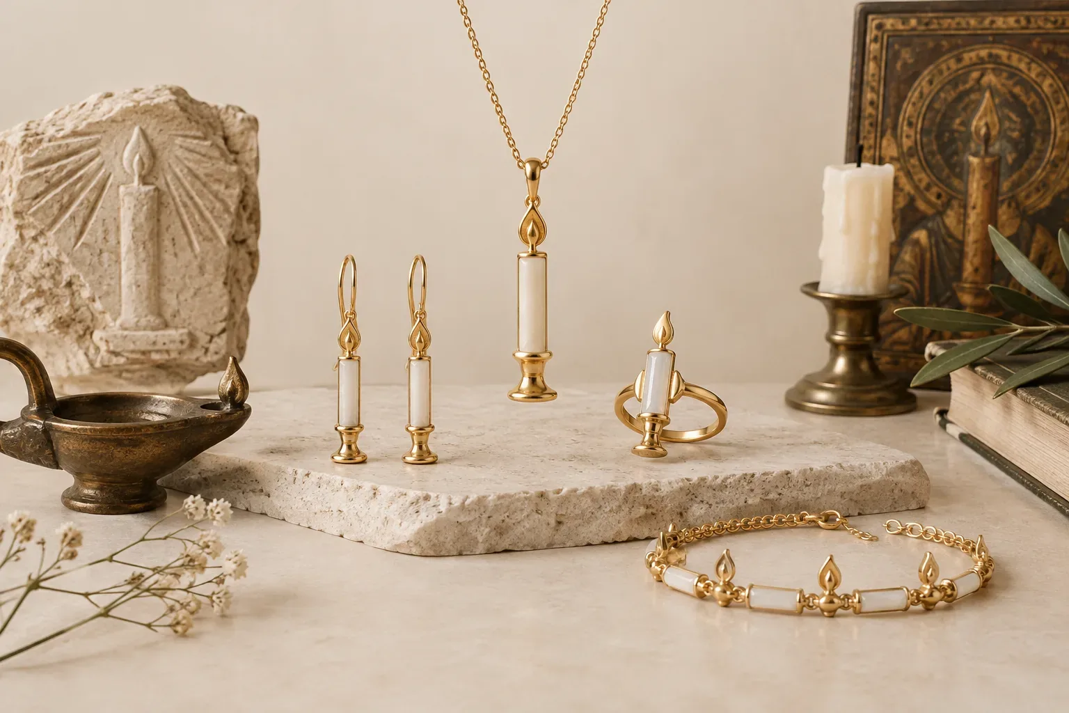 Editorial jewelry still life for Candle Jewelry Meaning: History, Symbolism, and Modern Wear