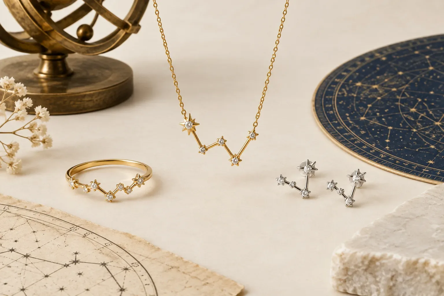 Editorial jewelry still life for Cassiopeia Jewelry Meaning: History, Astronomy, and Modern Symbolism